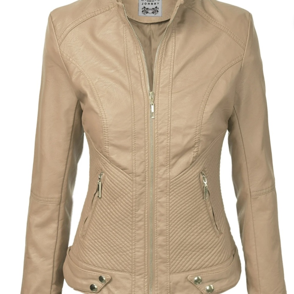 Made by Johnny Beige Vegan Leather Moto Jacket